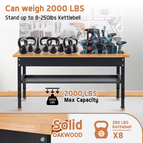 48 In. W X 24 In. D Heavy-Duty Work Bench Adjustable Work Bench Work Table, Solid Wood Top with Foot Pads and Partition