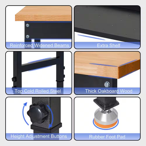 48 In. W X 24 In. D Heavy-Duty Work Bench Adjustable Work Bench Work Table, Solid Wood Top with Foot Pads and Partition