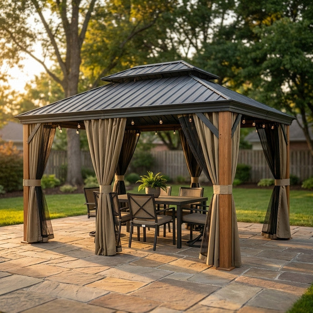 12 Ft. X 16 Ft. Double Roof Hardtop Wood Grain Aluminum Patio Gazebo with Netting and Khaki Curtains — Studio Shot