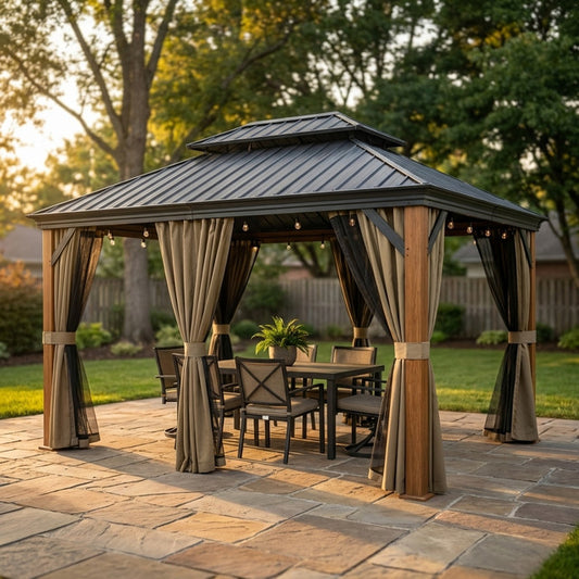 12 Ft. X 16 Ft. Double Roof Hardtop Wood Grain Aluminum Patio Gazebo with Netting and Khaki Curtains — Studio Shot
