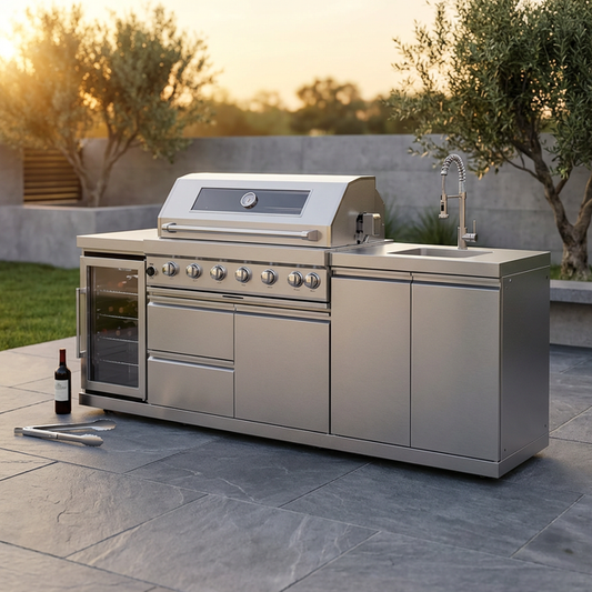 43 In. 6-Burner 85,000 BTU Stainless Steel Outdoor Kitchen BBQ Grill Island, Wine Refrigerator, Rotisserie, in Sliver — Studio Shot