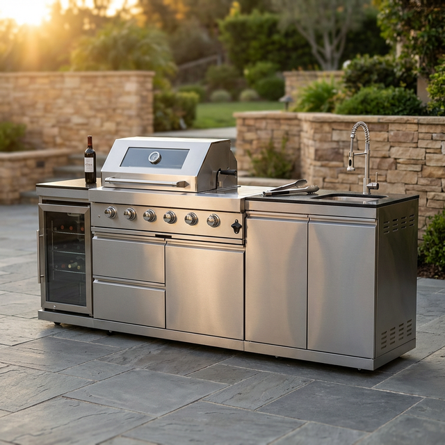 46 In. 4-Burner 72,000 BTU Stainless Steel Outdoor Kitchen BBQ Grill Island, Wine Refrigerator, Rotisserie, in Sliver — Studio Shot