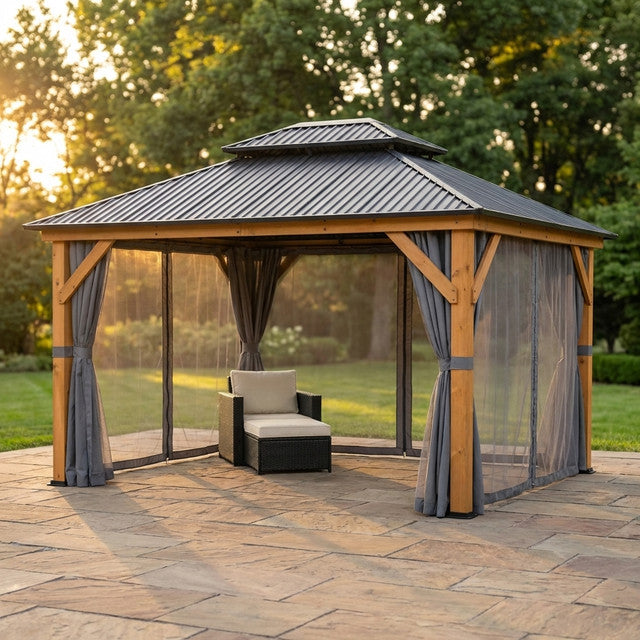 11 Ft. X 13 Ft. Double Roof Hardtop Wooden Patio Gazebo with Netting and Gray Curtains — Studio Shot