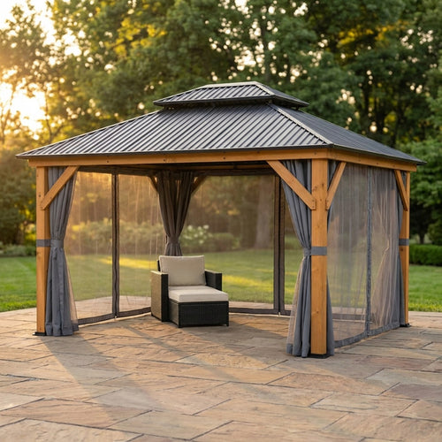 11 Ft. X 13 Ft. Double Roof Hardtop Wooden Patio Gazebo with Netting and Gray Curtains — Studio Shot